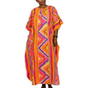 Vintage Psychedelic Caftan Dress Pink Accordion Pleats Abstract Dayglo One Size